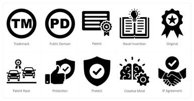 un conjunto de 10 intelectual propiedad íconos como marca comercial, público dominio, patentar vector