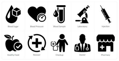 A set of 10 health checkup icons as blood sugar, blood pressure, blood sample vector