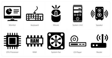 un conjunto de 10 computadora partes íconos como monitor, teclado, ratón vector