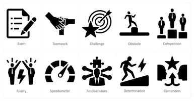 A set of 10 challenge icons as exam, teamwork, challenge vector