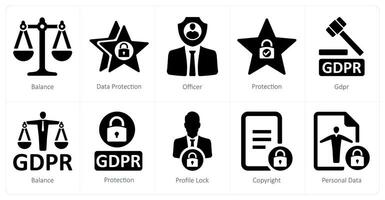 un conjunto de 10 gdpr íconos como balance, datos proteccion, oficial vector