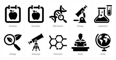 A set of 10 School and Education icons as schedule, education, dna search vector