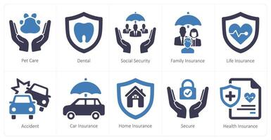 A set of 10 insurance icons as pet care, dental, social security vector
