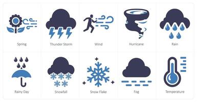 un conjunto de 10 mezcla íconos como primavera, trueno tormenta, viento vector