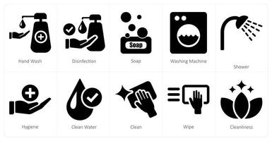 A set of 10 hygiene icons as hand wash, disinfection, soap vector
