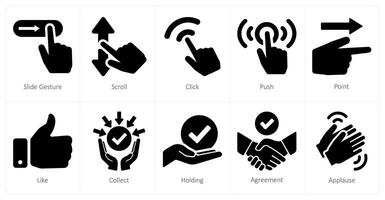 A set of 10 hands icons as slide gesture, scroll, click vector