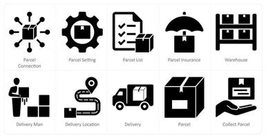 un conjunto de 10 mezcla íconos como paquete o empaquetar conexión, paquete o empaquetar configuración, paquete o empaquetar lista vector