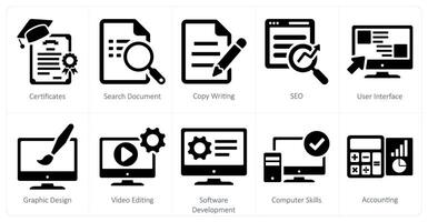 un conjunto de 10 difícil habilidades íconos como certificados, buscar documento, Copiar escritura vector