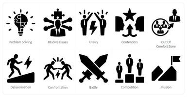 A set of 10 challenge icons as problem solving, resolve issues, rivalry vector