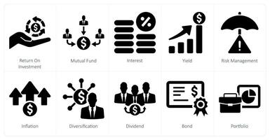 A set of 10 investment icons as return on investment, mutual fund, interest vector