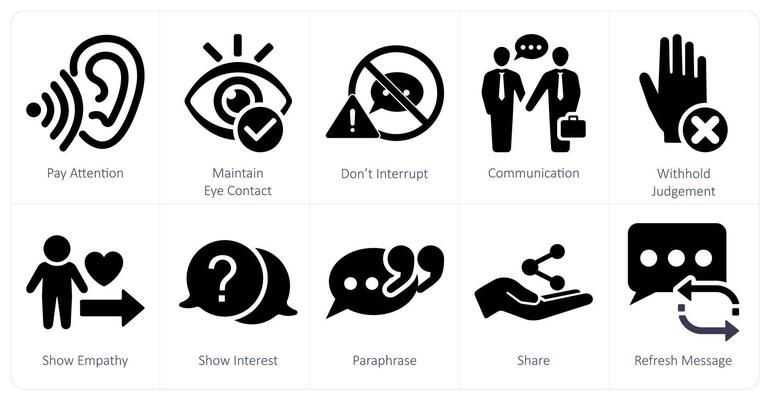 A set of 10 active listening icons as pay attention, maintain eye contact, dont interrupt