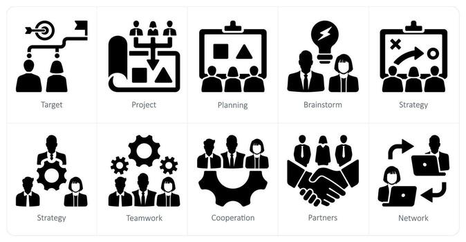 A set of 10 Teamwork icons as target, project, planning, brainstorm vector
