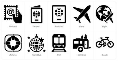 A set of 10 Travel and vacation icons as postcard, passport, plane vector
