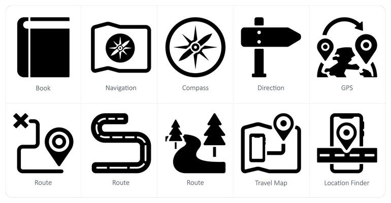 A set of 10 Travel and vacation icons as book, navigation, compass