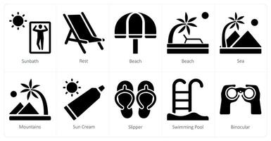 A set of 10 Travel and vacation icons as sunbath, rest, beach vector