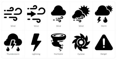 A set of 10 Weather icons as wind, storm, thunderstorm vector