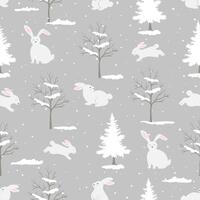 Seamless pattern with cute white rabbits,trees and snow on grey background for decorative,fabric,textile,print or wrapping paper vector