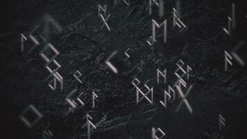 donker grunge runen- beweging achtergrond met voorzichtig in beweging metalen runen, deeltjes en morphing zwart rots textuur. vol hd en runologie symbolen achtergrond animatie. video