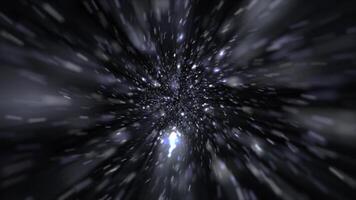 cosmico interstellare iperspazio movimento sfondo animazione. volante a ordito velocità attraverso raggiante galassia stelle e particelle. spazio tunnel starburst esplosione animazione. video