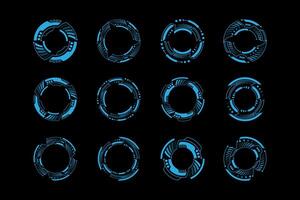 HUD round frames and borders, aim control and digital interface. HUD technology and future tech game, target borders and hologram frames vector