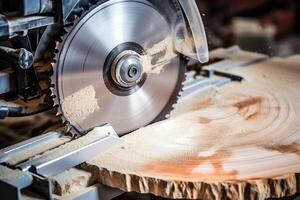 Silver circular saw cuts a wooden block in a carpenter workshop. photo