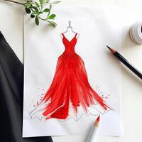 Top view of sketch of evening red dress on paper on a white table. photo