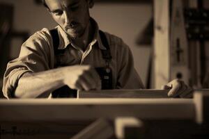 carpintero hermoso hombre trabajando con equipo en de madera mesa en carpintería taller. foto