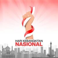 Hari Kebangkitan Nasional or Indonesian National Awakening Day with a hand and flag vector