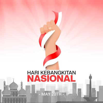 Hari Kebangkitan Nasional or Indonesian National Awakening Day with a hand and flag