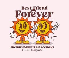 Retro cartoon smile sun mascot character with best friend forever slogan typography illustration for t shirt print or poster design vector