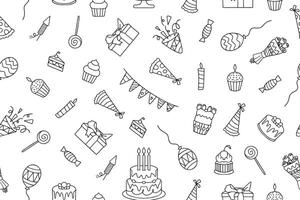 Seamless pattern in doodle style. Set of birthday party elements with cute black line design. Birthday Doodle Illustration. vector