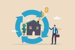 Reverse mortgage, home owner exchange for regular payment, loan or income, property or real estate for banking payment concept, businessman with reverse mortgage house produce dollar money signs. vector