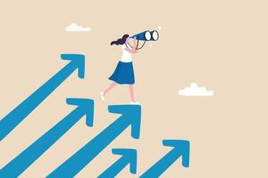 Searching for growth opportunity, vision to look and see future, challenge ahead or motivation to grow business concept, businesswoman on arrows look through binoculars to find business opportunity. vector
