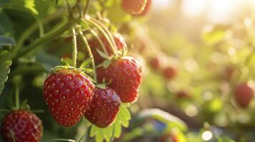 A Close-Up Capture of Ripe Strawberries Basking in Sunlight, Their Luscious Red Hue Signaling Readiness for Harvest. photo