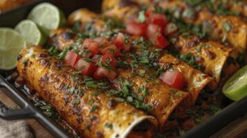 A Close-Up Shot of Beautifully Arranged Sweet Potato and Black Bean Enchiladas, Showcasing the Intricate Details of this Delicious Dish. photo