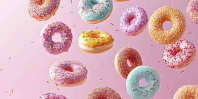 Flying Donuts, a Mix of Multicolored Doughnuts with Sprinkles, Creating a Playful Composition Against a Pastel Pink Background. photo