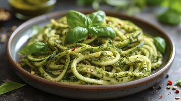 A Beautifully Plated Dish of Zucchini Noodles with Pesto, Showcasing Perfectly Spiralized Zucchinis Tossed in a Flavorful Basil Pesto Sauce. photo