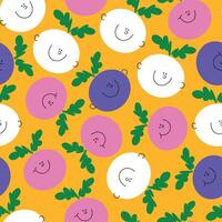 Seamless pattern with a variety of colorful vegetables. Cheerful beetroot with a smiling face. Multicolor rainbow cartoon characters in funny children doodle style. vector