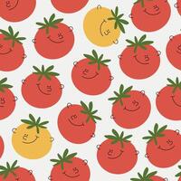 Seamless pattern with a variety of colorful vegetables. Cheerful tomato with a smiling face. Multicolor rainbow cartoon characters in funny children doodle style. vector