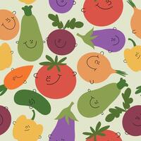 vegetal sin costura modelo. dibujos animados vegetal recopilación. linda pepino, zanahoria, tomate, pimienta, berenjena, calabacín para niños. vector