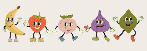 Fruta retro miedoso dibujos animados caracteres. maravilloso frutas colocar. mano dibujar gracioso retro Clásico de moda estilo frutas dibujos animados personaje.groovy verano ilustración. frutas jugoso pegatina embalar. vector