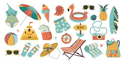 Set of summer stickers. Icons for tropical vacation. Seasonal elements collection. Icons, signs, banners. Bright summertime poster. vector