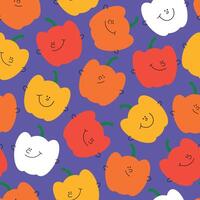 Seamless pattern with a variety of colorful vegetables. Cheerful pepper with a smiling face. Multicolor rainbow cartoon characters in funny children doodle style. vector