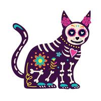 Day of the Dead, Dia de los muertos, cat skull and skeleton decorated with colorful Mexican elements and flowers. Fiesta, Halloween, holiday poster, party. vector