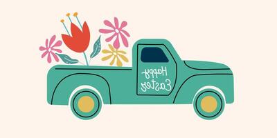 contento Pascua de Resurrección. Pascua de Resurrección camión con flores mano dibujado dotwork ilustración para fiesta Pascua de Resurrección vector