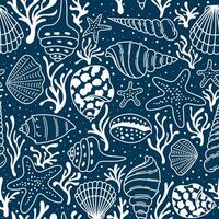 Pattern with seashells on a blue background vector