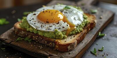 A Macro Photo of Toast Adorned with Guacamole and a Perfectly Fried Egg, Intended for the Tempting Display on a Restaurant Menu.