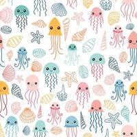 Pattern with cute jellyfish and shells vector