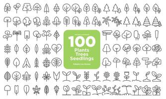 Set of 100 Plant Line Icons. 100 icons of plants, trees, seedlings, growing plants isolated on white background. Editable strokes. Collection of Plant line icons. Tree line icons. vector