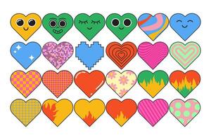 Cute set of Retro Cartoon Hearts in y2k style isolated on background. Girly heart icons. Characters, floral, stripes, checkered, flames, polka dot, pixel, smiley. vector